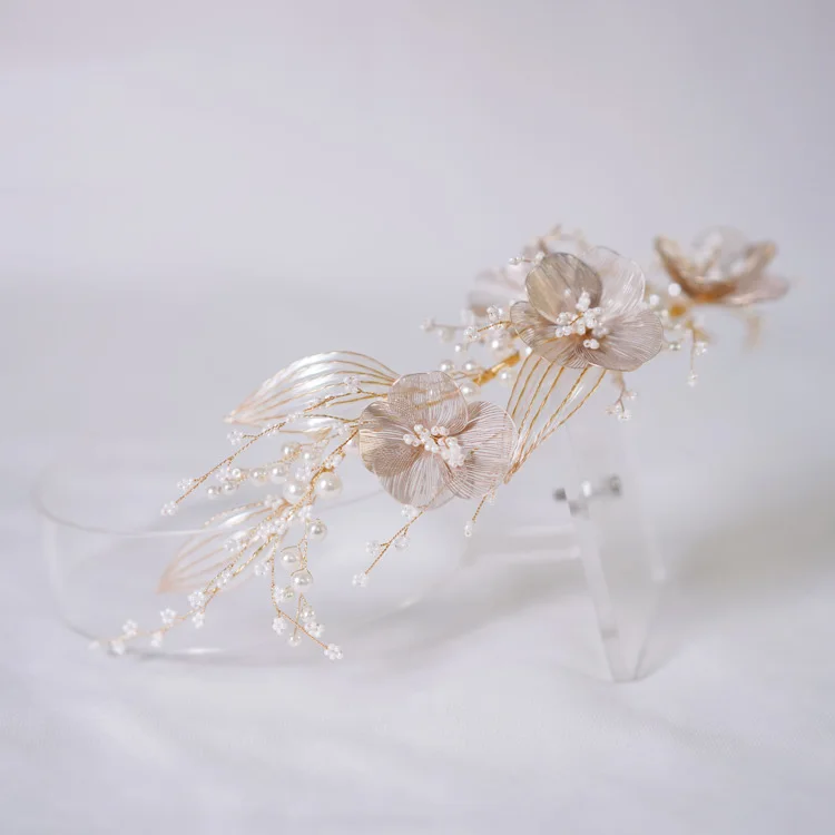 Bridal Hair Accessories Gold Color Headband Headpiece Pearl Hairband For Women Bride Flower Leaf Headdress Crown Wedding Jewelry - Image 2