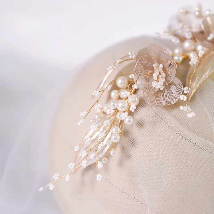 Bridal Hair Accessories Gold Color Headband Headpiece Pearl Hairband For Women Bride Flower Leaf Headdress Crown Wedding Jewelry - Image 3