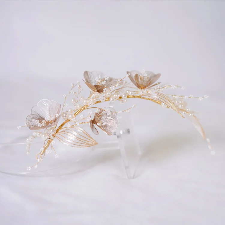 Bridal Hair Accessories Gold Color Headband Headpiece Pearl Hairband For Women Bride Flower Leaf Headdress Crown Wedding Jewelry - Image 4