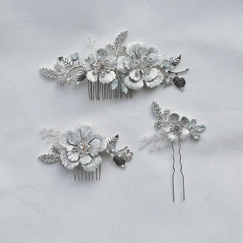 Bridal Hair Jewelry Flower Leaf Hair Combs Silver Color Head Pieces Rhinestones Hairpins For Women Brides Wedding Accessories - Image 2