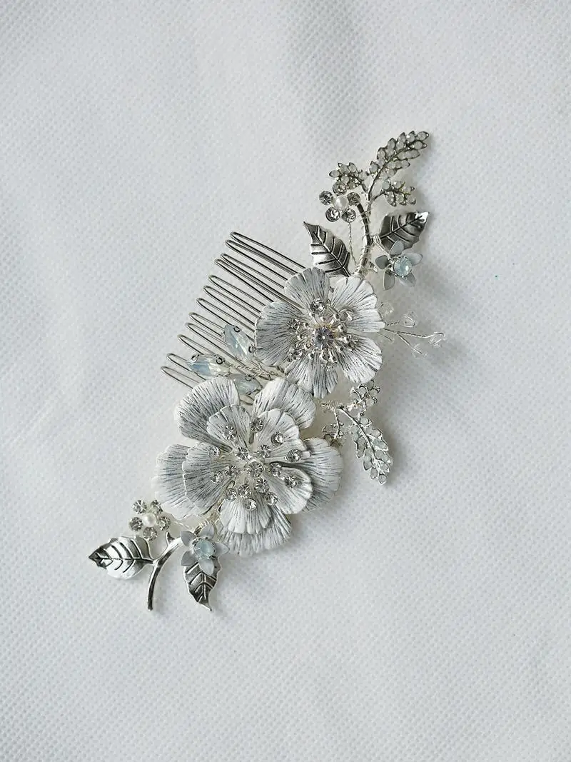 Bridal Hair Jewelry Flower Leaf Hair Combs Silver Color Head Pieces Rhinestones Hairpins For Women Brides Wedding Accessories - Image 6