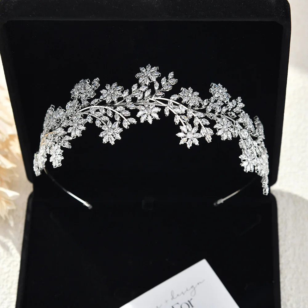 Bridal Hair Jewelry Flower Zirconia Tiaras and Crowns AAA Zircon Diadem For Brides Women Headpiece Headband Wedding Accessories - Image 3