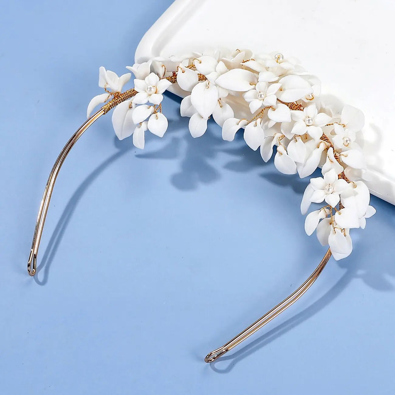 Bridal Hair Jewelry Gold Color Headbands Headpieces Porcelain Flower Hairband Brides Gift Headdress Headwear Wedding Accessories - Image 2