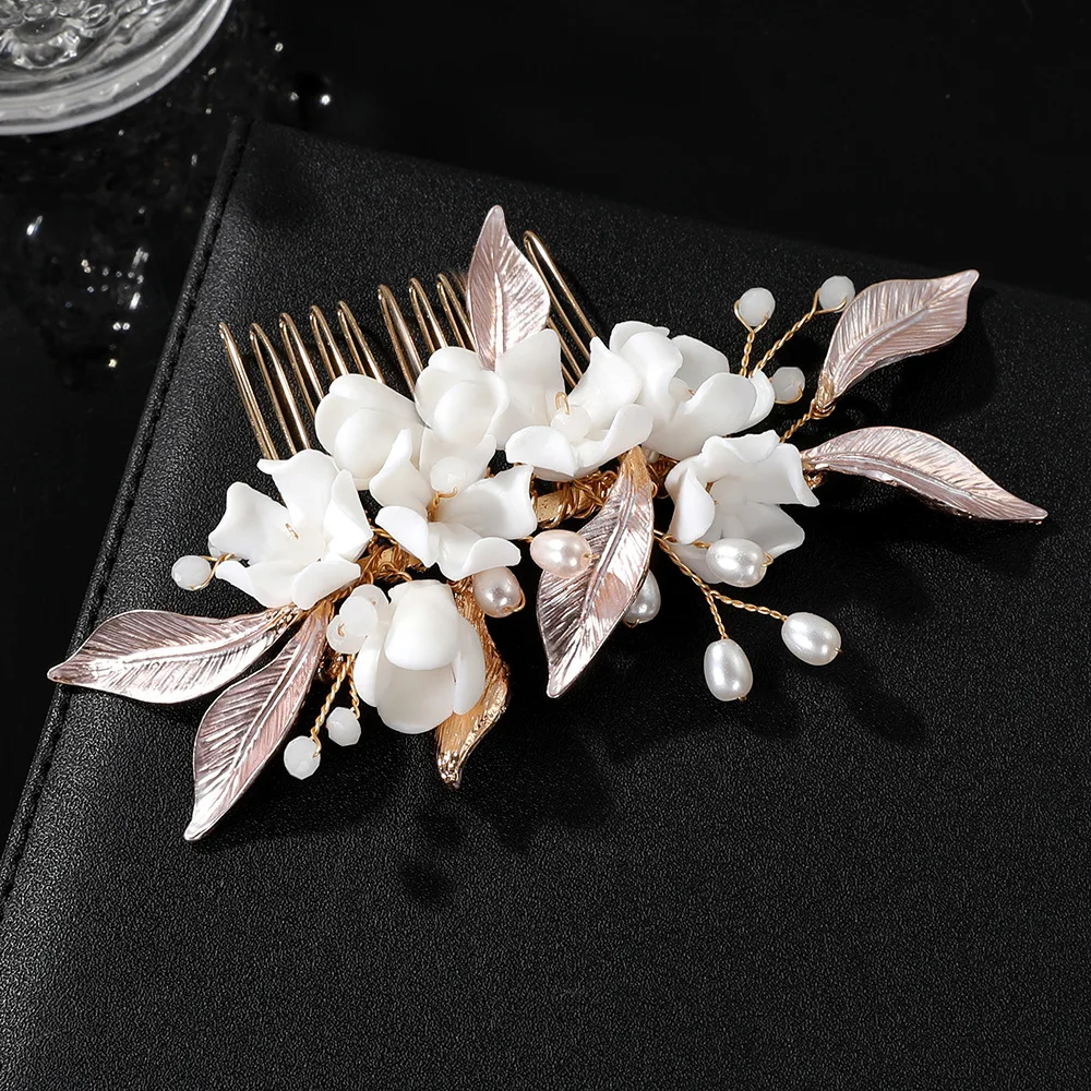 Bridal Hair Jewelry Gold Color Headbands Headpieces Porcelain Flower Hairband Brides Gift Headdress Headwear Wedding Accessories - Image 4