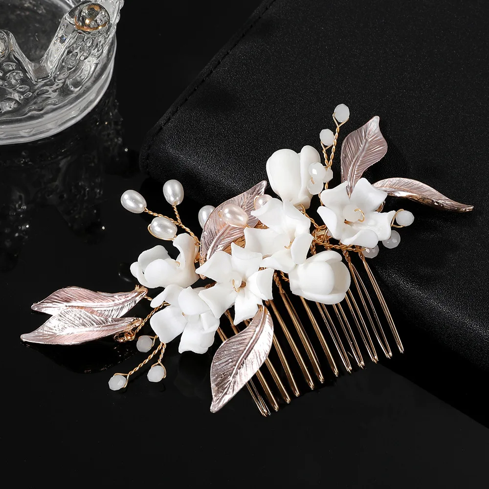 Bridal Hair Jewelry Gold Color Headbands Headpieces Porcelain Flower Hairband Brides Gift Headdress Headwear Wedding Accessories - Image 5