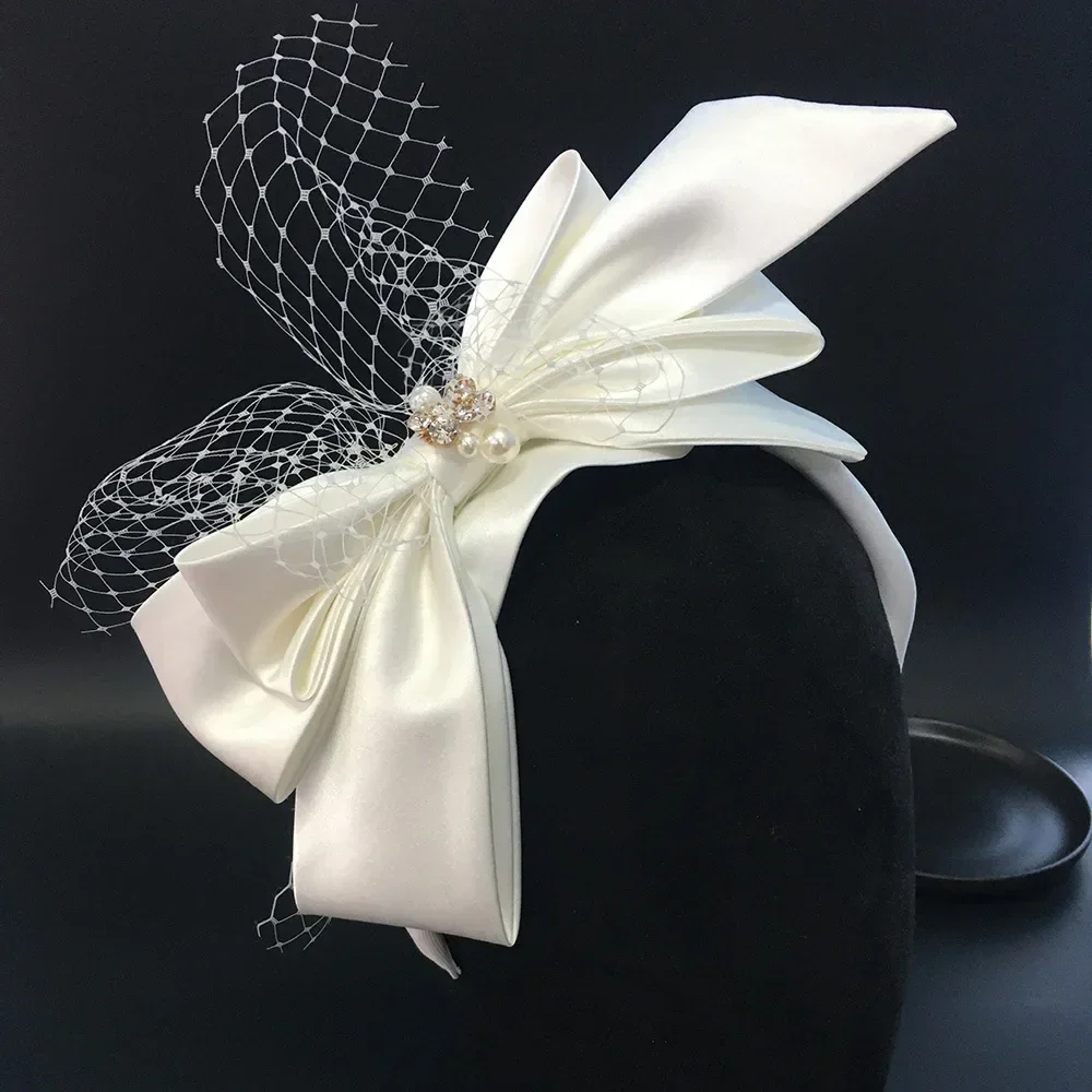 Bridal Headbands For Women Satin Mesh Bow Fascinator Wedding Hairband With Blusher Veils Elegant Party Bride Hair Accessories