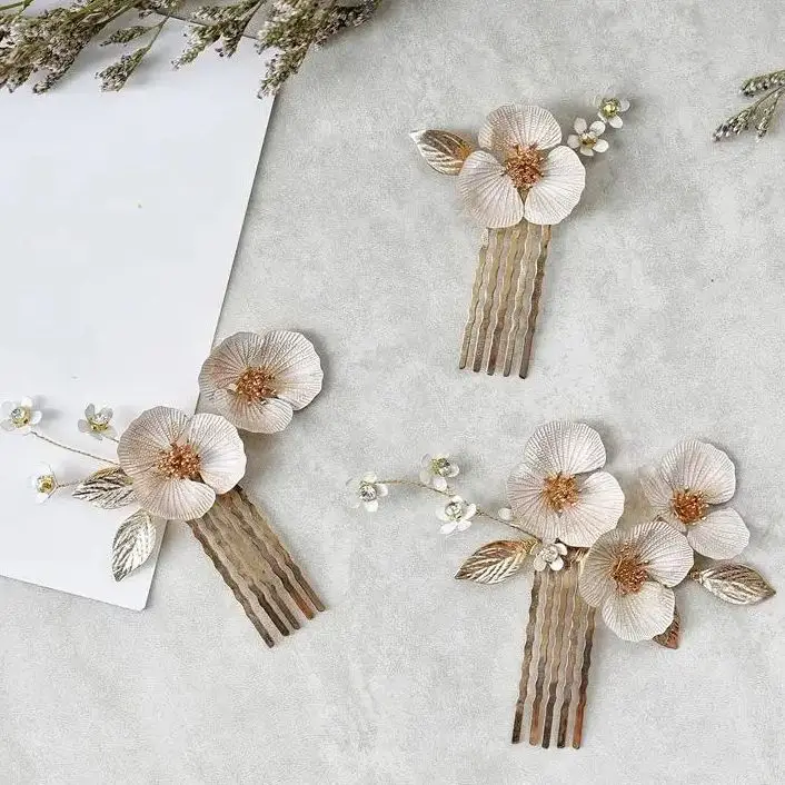 Bridal Jewelry Gold Color Hair Pin Clip Flower Leaf Head Piece For Bride Bridesmaids Women Crystal Hairpin Wedding Accessories
