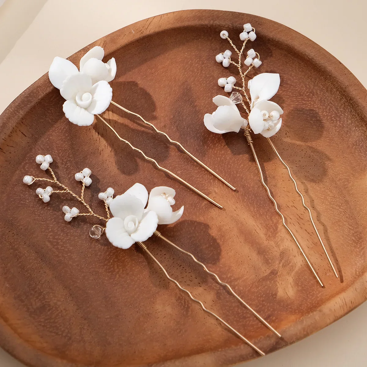 Bridal Jewelry Gold Color Hair Pin Clip Porcelain Flower Hairpin For Bride Bridesmaids Women Gift Head Piece Wedding Accessories