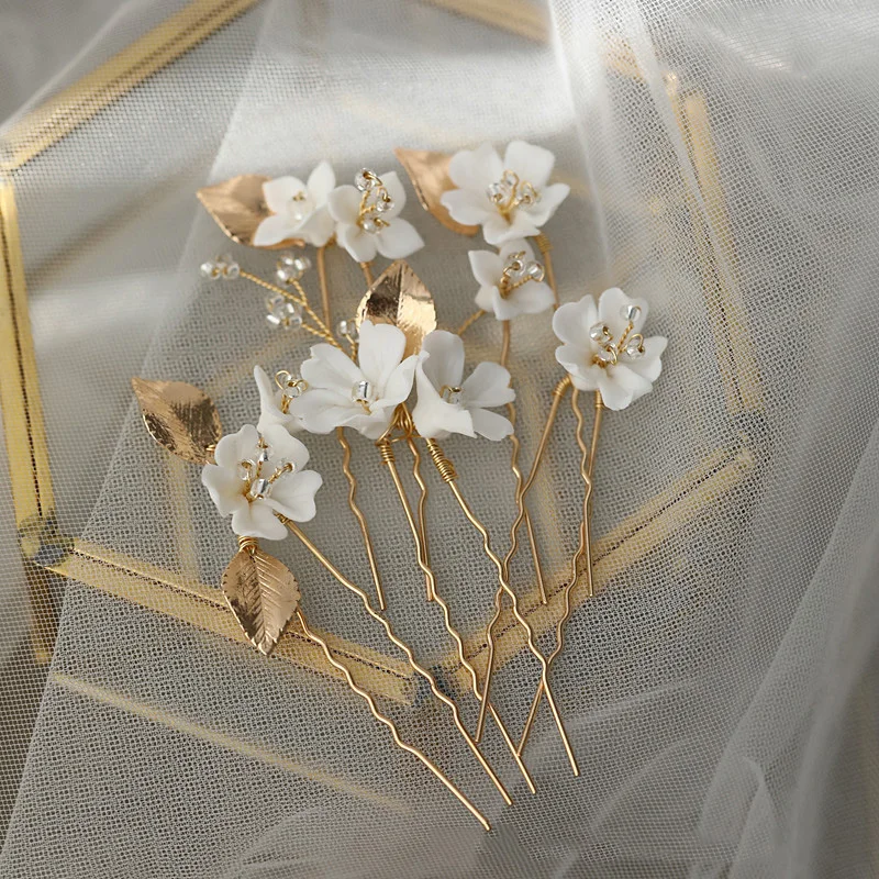 Bridal Jewelry Gold Silver Color Hairpin Porcelain Flower Hair Pin Clip Brides Women Head Piece Headdress Wedding Accessories - Image 6