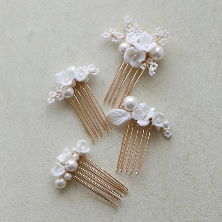Bridal Jewelry Imitation Pearl Hair Comb Pin Porcelain Flower Head Piece Brides Gold Silver Color Hairpin Wedding Accessories - Image 2
