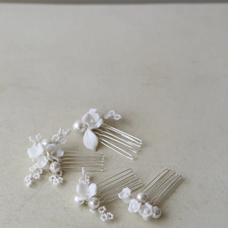 Bridal Jewelry Imitation Pearl Hair Comb Pin Porcelain Flower Head Piece Brides Gold Silver Color Hairpin Wedding Accessories - Image 3