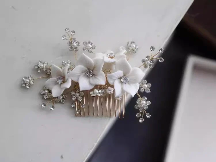 Bridal Jewelry Porcelain Flower Hair Comb Head Piece Brides Party Dinner Dress Crystal Rhinestones Hairpin Wedding Accessories - Image 2