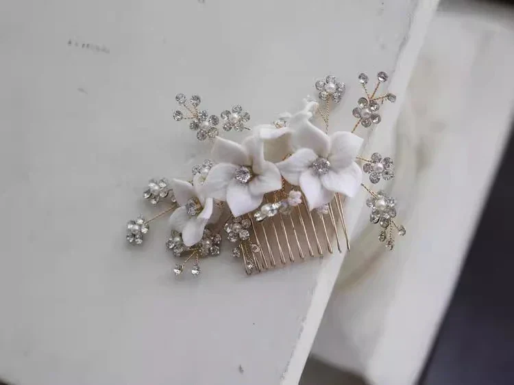Bridal Jewelry Porcelain Flower Hair Comb Head Piece Brides Party Dinner Dress Crystal Rhinestones Hairpin Wedding Accessories - Image 3