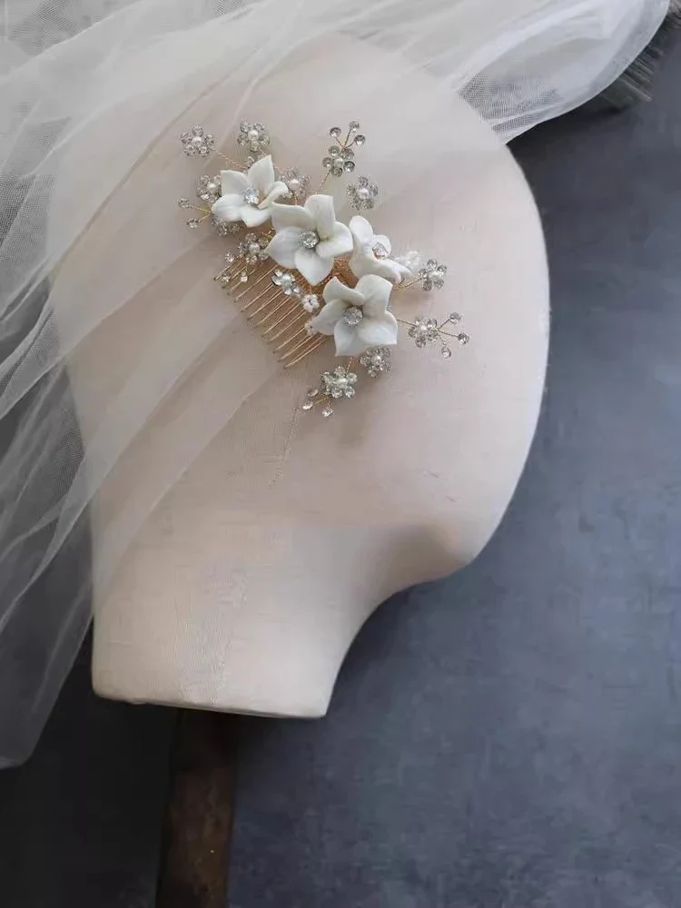 Bridal Jewelry Porcelain Flower Hair Comb Head Piece Brides Party Dinner Dress Crystal Rhinestones Hairpin Wedding Accessories - Image 4