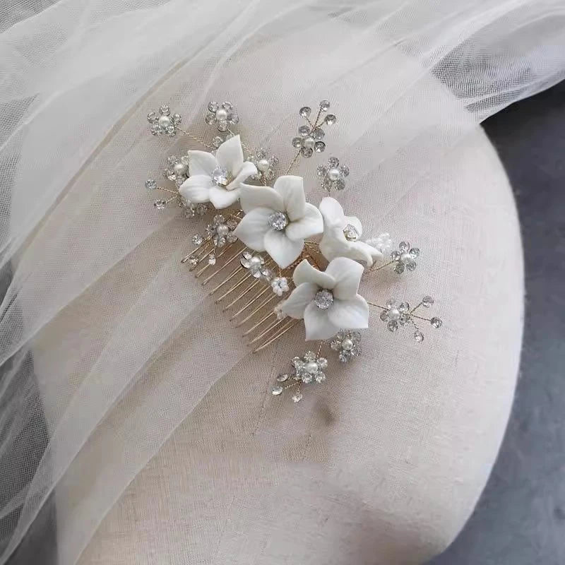 Bridal Jewelry Porcelain Flower Hair Comb Head Piece Brides Party Dinner Dress Crystal Rhinestones Hairpin Wedding Accessories - Image 6