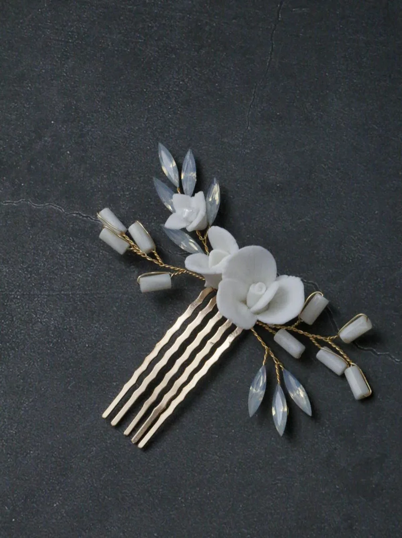 Bridal Jewelry Porcelain Flower Hair Combs Pins Clips Opal Hairpins Bride Bridesmaids Gold Color Head Pieces Wedding Accessories - Image 4