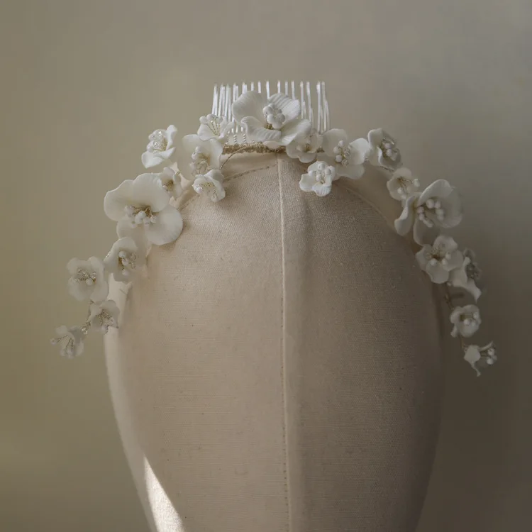 Bridal Jewelry Porcelain Flower Headband Gold Silver Color Hair Comb Pin For Brides Women Headwear Heapieces Wedding Accessories - Image 6