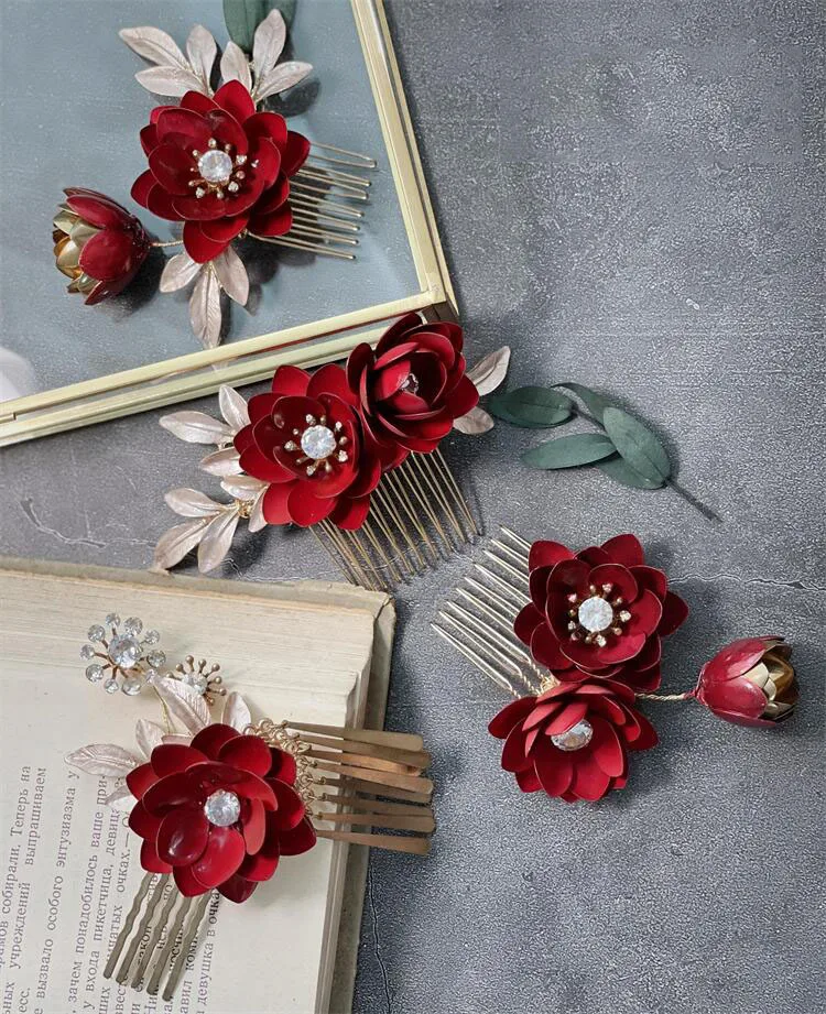 Bridal Jewelry Red Flower Hair Combs Pins Clips Crystal Rhinestones Hairpins Head pieces Brides Headdress Wedding Accessories