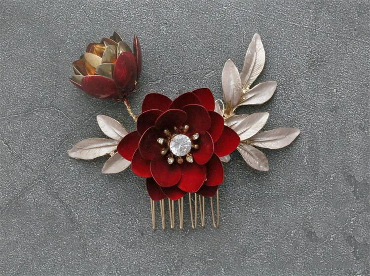 Bridal Jewelry Red Flower Hair Combs Pins Clips Crystal Rhinestones Hairpins Head pieces Brides Headdress Wedding Accessories - Image 2