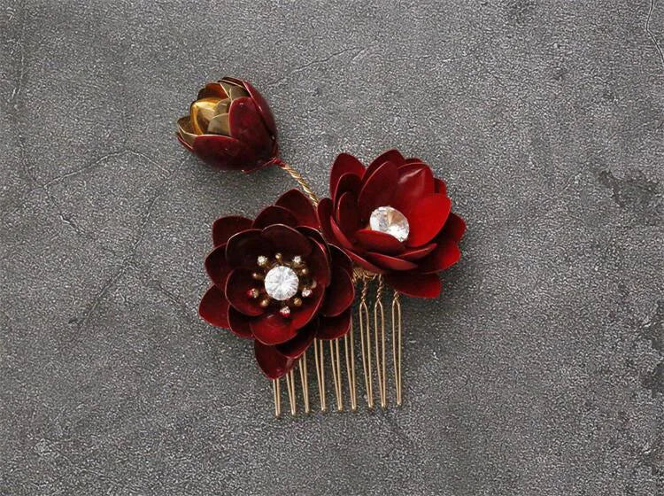 Bridal Jewelry Red Flower Hair Combs Pins Clips Crystal Rhinestones Hairpins Head pieces Brides Headdress Wedding Accessories - Image 3