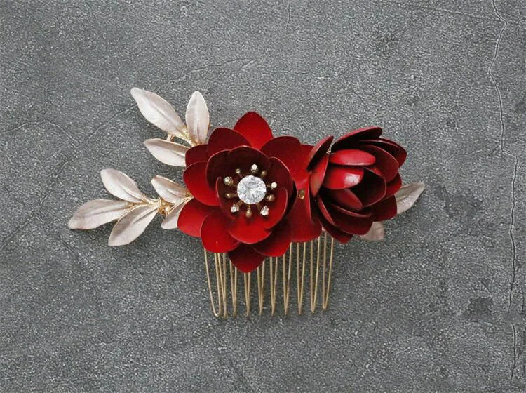 Bridal Jewelry Red Flower Hair Combs Pins Clips Crystal Rhinestones Hairpins Head pieces Brides Headdress Wedding Accessories - Image 4