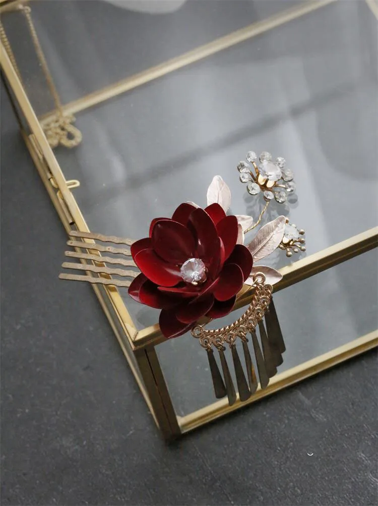 Bridal Jewelry Red Flower Hair Combs Pins Clips Crystal Rhinestones Hairpins Head pieces Brides Headdress Wedding Accessories - Image 5