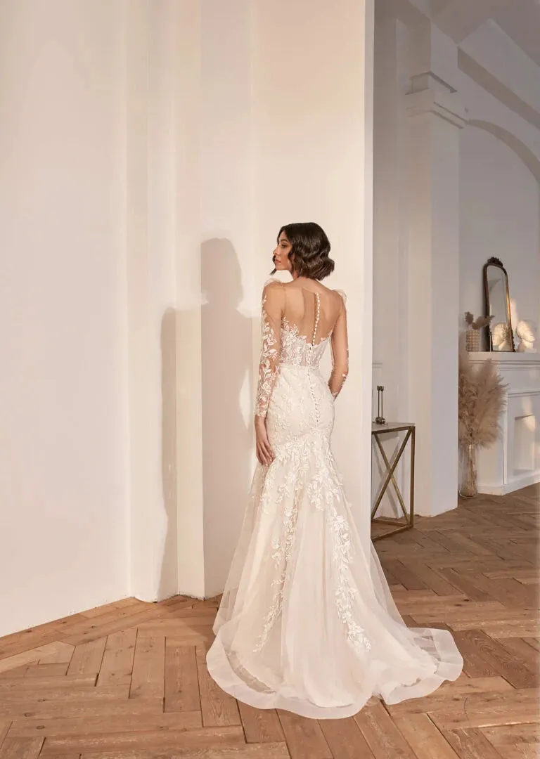 Bride Dresses for Women Back Zipper with Buttons Illusion Long Sleeves Lace Tulle Mermaid Wedding Dress Boho - Image 3