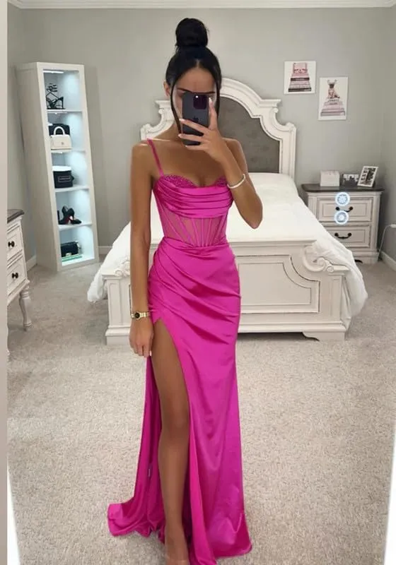 Bright Fuchsia Silk Satin Prom Dresses Appliques Pleats Women Formal Evening Dress Split Side Spaghetti Strap Outfits - Image 3
