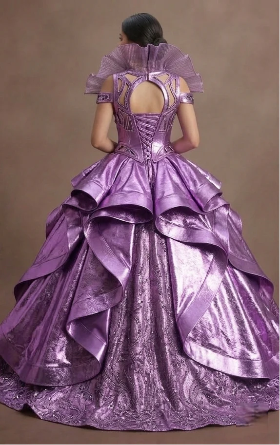 Bright Purple Quinceañera Dress Metallic Shine Finish - Image 3