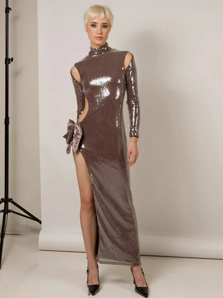 Brown Shinning Sequins Womne Long Sleeve Sexy Florals Bodycon Long Dress High Split Nightclub Party Celebrate Birthday Dress - Image 3