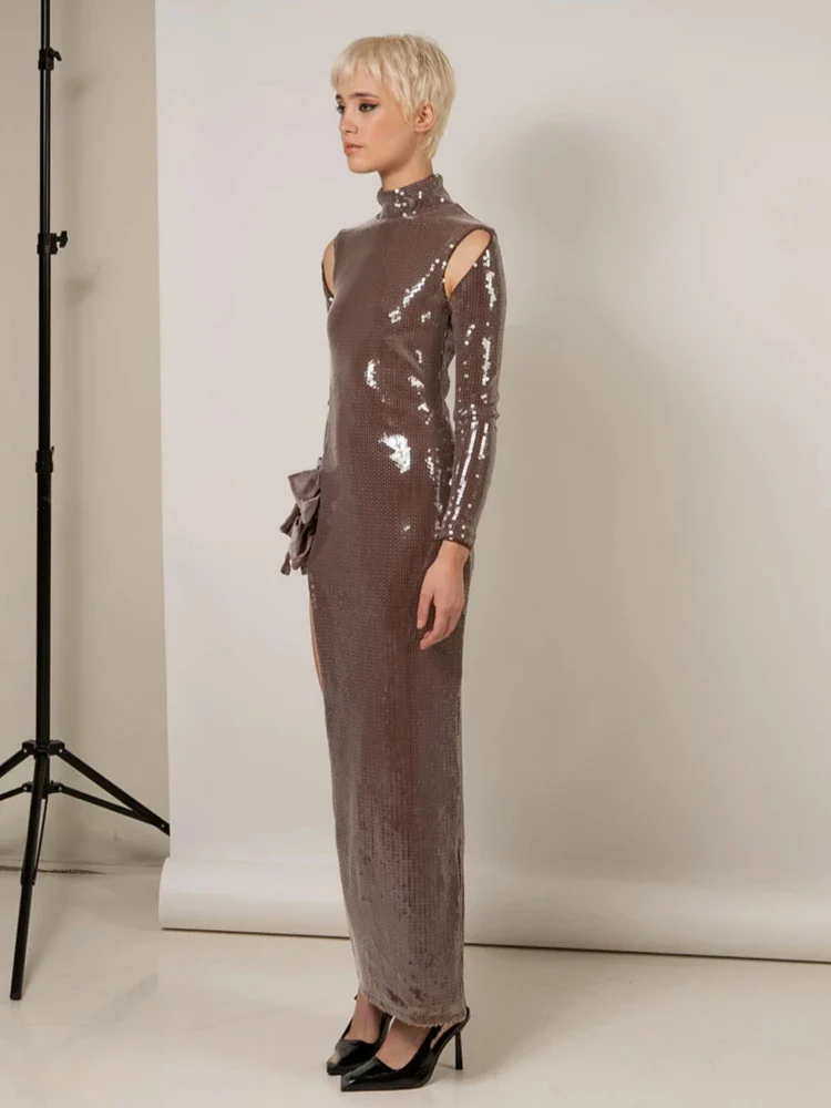 Brown Shinning Sequins Womne Long Sleeve Sexy Florals Bodycon Long Dress High Split Nightclub Party Celebrate Birthday Dress - Image 4
