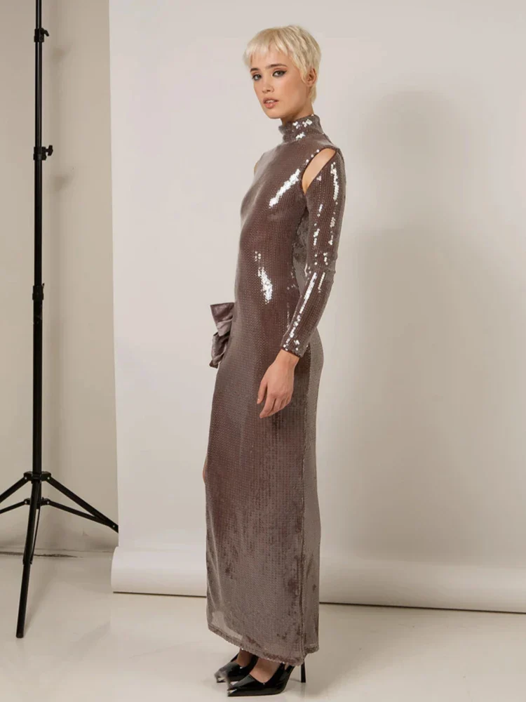 Brown Shinning Sequins Womne Long Sleeve Sexy Florals Bodycon Long Dress High Split Nightclub Party Celebrate Birthday Dress - Image 5