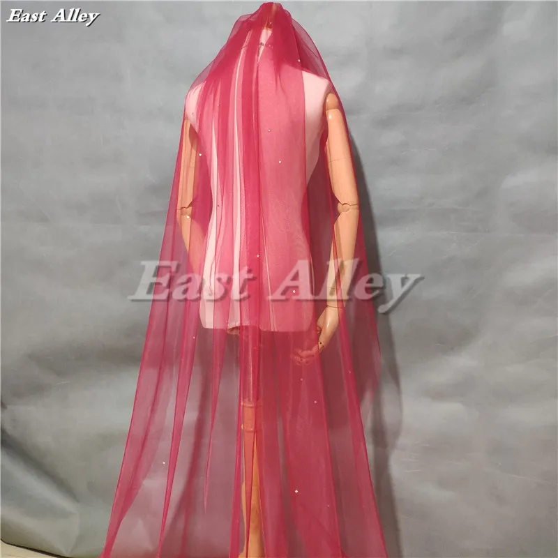 Burgundy Color Scattered Crystal Wedding Veil 3 Meter Bridal Veil Long Veil Cut Edge - Image 2