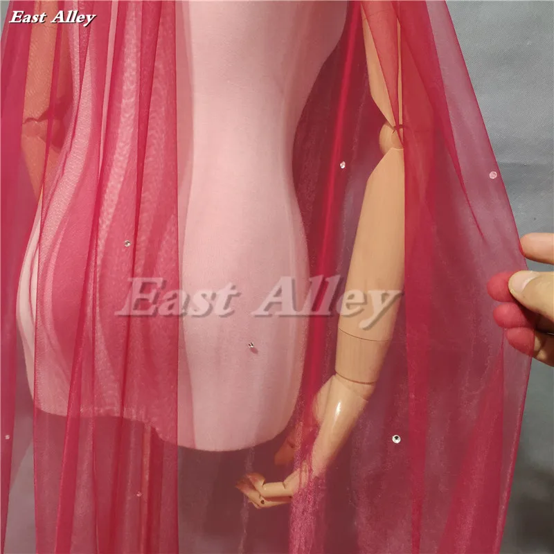 Burgundy Color Scattered Crystal Wedding Veil 3 Meter Bridal Veil Long Veil Cut Edge - Image 4