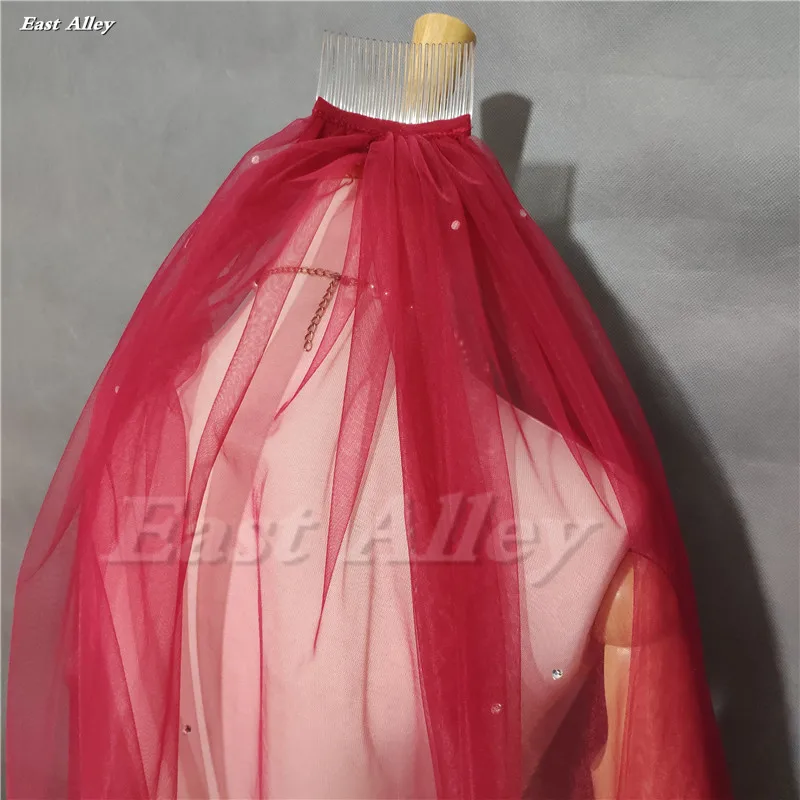 Burgundy Color Scattered Crystal Wedding Veil 3 Meter Bridal Veil Long Veil Cut Edge - Image 5