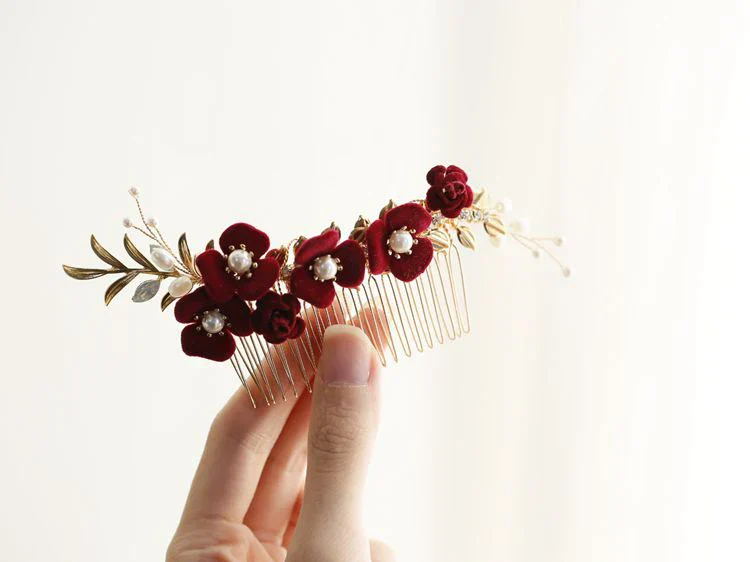 Burgundy Red Flower Head Piece Pearl Hair Comb Pin Women Brides Evening Party Dress Hairpin Bridal Jewelry Wedding Accessories - Image 2