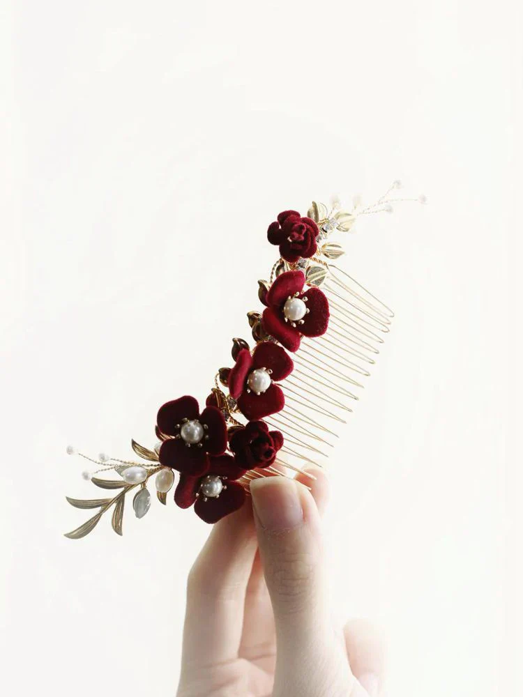 Burgundy Red Flower Head Piece Pearl Hair Comb Pin Women Brides Evening Party Dress Hairpin Bridal Jewelry Wedding Accessories - Image 3