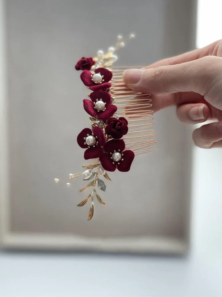 Burgundy Red Flower Head Piece Pearl Hair Comb Pin Women Brides Evening Party Dress Hairpin Bridal Jewelry Wedding Accessories - Image 4