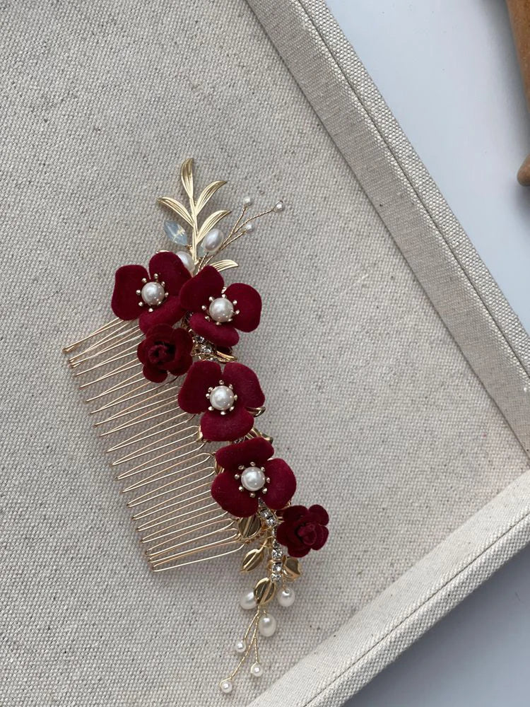 Burgundy Red Flower Head Piece Pearl Hair Comb Pin Women Brides Evening Party Dress Hairpin Bridal Jewelry Wedding Accessories - Image 5