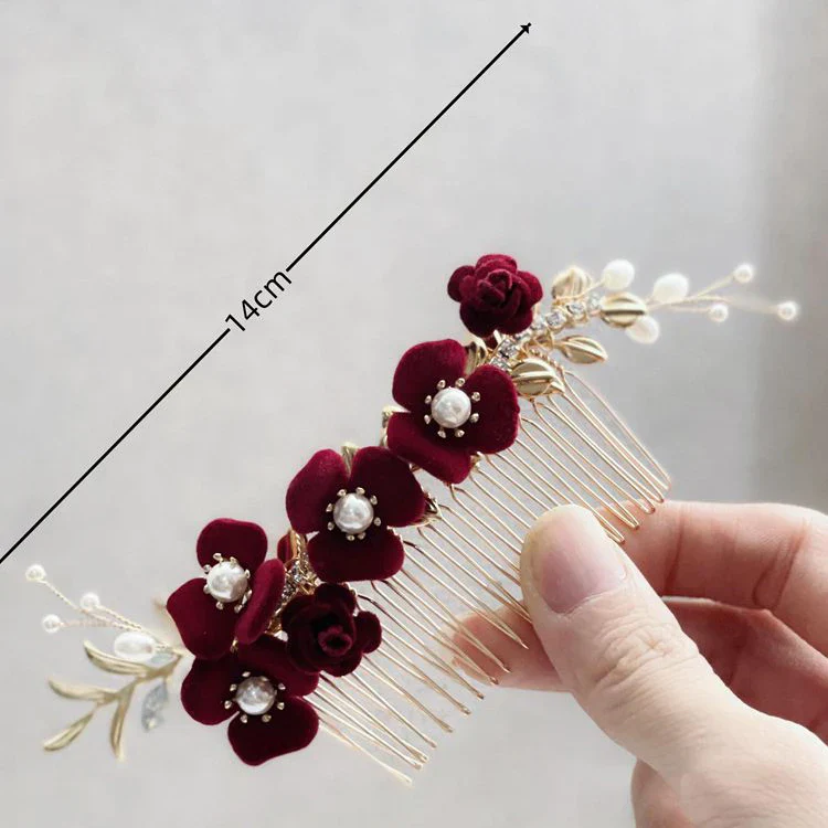 Burgundy Red Flower Head Piece Pearl Hair Comb Pin Women Brides Evening Party Dress Hairpin Bridal Jewelry Wedding Accessories - Image 6