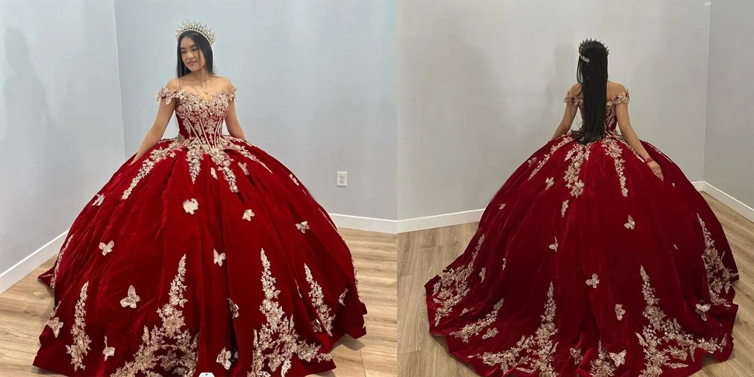 Burgundy Satin Quinceanera Dresses Gold Flower Butterfly Appliques Princess Birthday Party Gown Vestidos de 15 años - Image 3