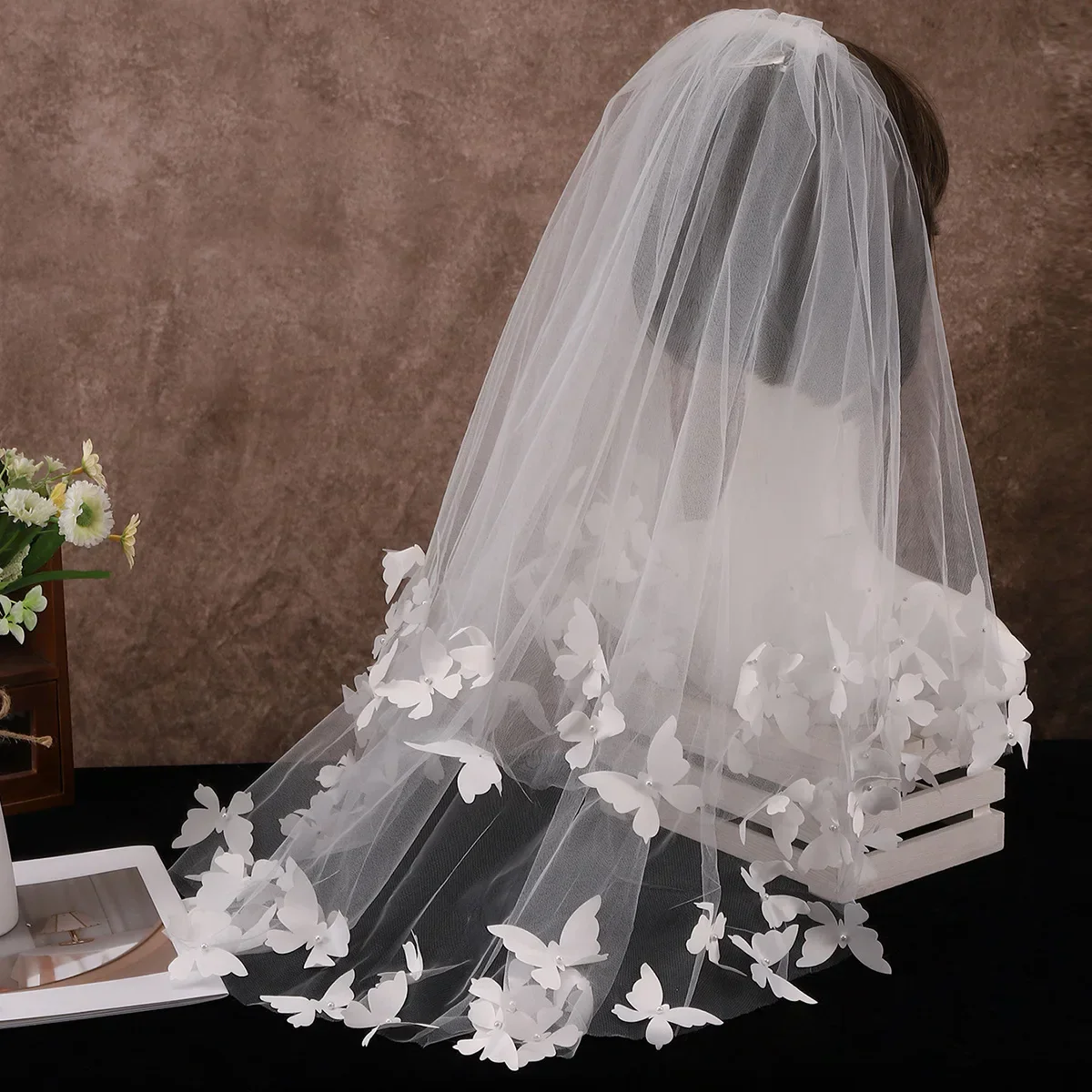 Butterfly Pearl Bridal Veil Lace Wedding Veils For Evening Dinner Party Dress Women Girl Gift Hair Accessories Brides Jewelry - Image 2