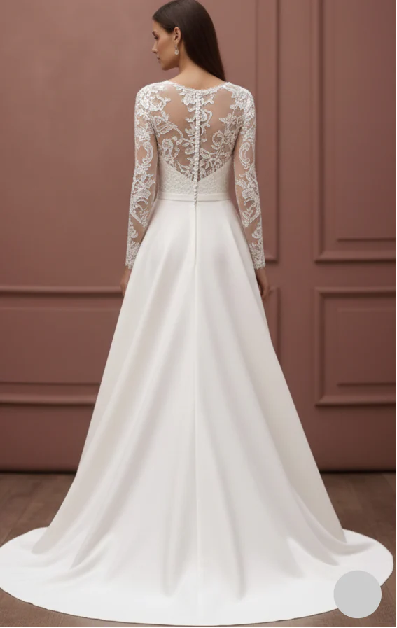 Long Lace Applique Sleeve Wedding Dress Tulle A-Line Bridal - Image 3
