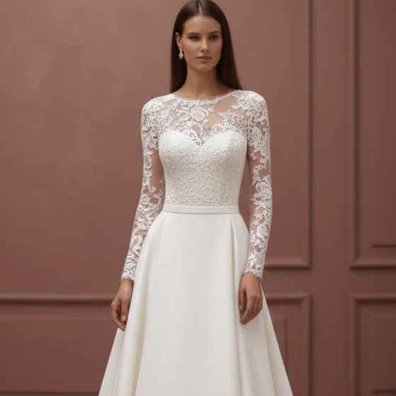 Long Lace Applique Sleeve Wedding Dress Tulle A-Line Bridal - Image 4