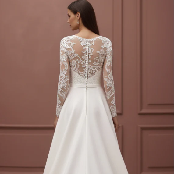 Long Lace Applique Sleeve Wedding Dress Tulle A-Line Bridal - Image 5
