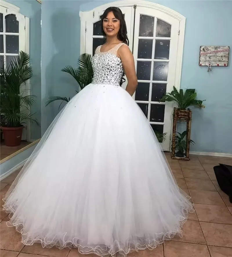 Cap Shoulder Sheer Neck Ball Gown Quinceanera Dresses 15 Party Sparkly Crystals Beaded Robe De Mariee Formal Wedding Dresses - Image 3