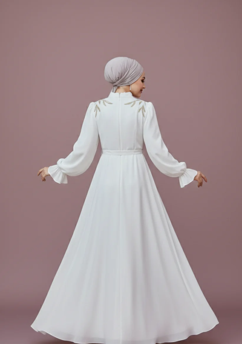 Vintage Muslim Sleeve Wedding Dress Chiffon Modest Floor Length Gown - Image 2