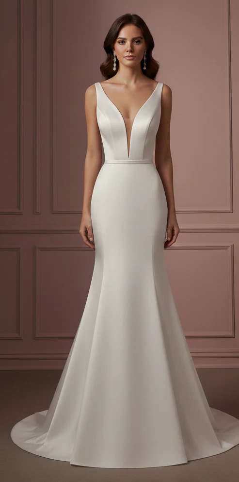 Fit and Flare Wedding Dress Plain Long Lace Romantic Gown - Image 2