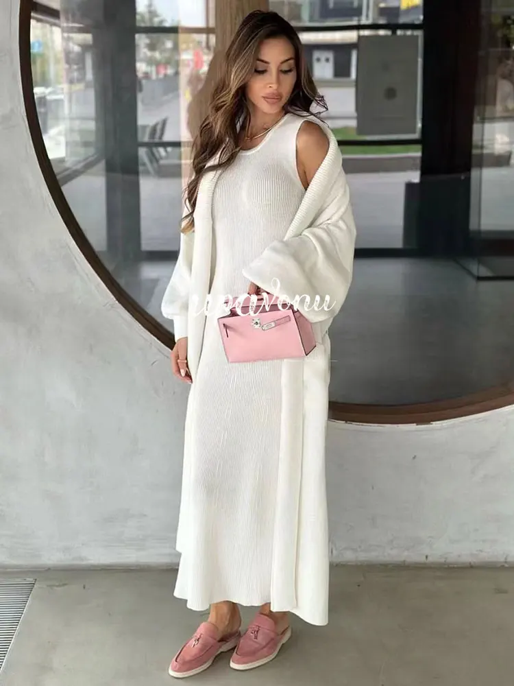 Casual Solid Knitted Sweater Long Dress Set Women Long Sleeve Loose Long Cardigan Coat&Sleeveless Mid length Dress Two Piece Set - Image 4