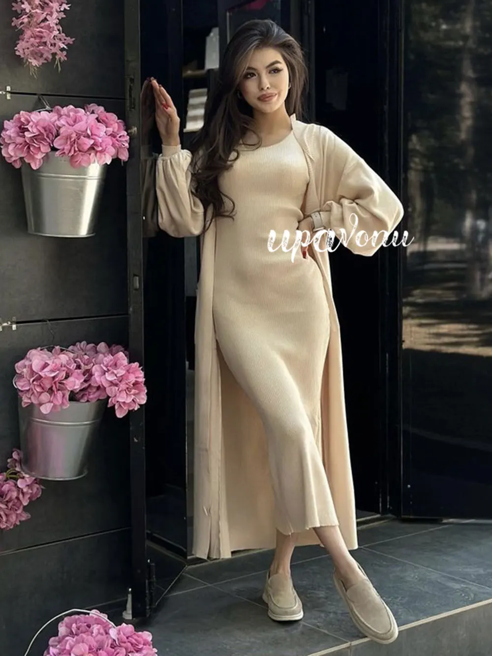 Casual Solid Knitted Sweater Long Dress Set Women Long Sleeve Loose Long Cardigan Coat&Sleeveless Mid length Dress Two Piece Set - Image 5